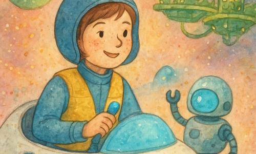 Clara, piloto sonriente y concentrada de rostro redondo y pelo castaño corto, viste un traje espacial azul suave y un chaleco amarillo plegado, sostiene una palanca brillante y mira un gran ojo de buey; a su lado rueda un pequeño robot cartógrafo metálico del tamaño de un balón con una bombilla azul tenue que levanta un brazo; la La Lúa, una pequeña lanzadera blanca y redondeada con paneles lisos, ventanas ovales y un escudo translúcido azul claro en la proa, se aproxima lentamente mientras el anillo de cometas brilla con polvo rosa y dorado; al fondo, la Luna Verde aparece como una estación vegetal con jardines flotantes, pasarelas curvas y luces cálidas; la escena, en tonos suaves y pastel, sugiere movimiento y estrellas con texturas de acuarela y salpicaduras controladas.