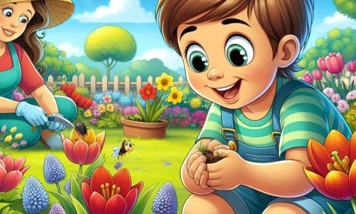 Ein 8-jähriger Junge namens Felix sitzt in einem sonnigen Garten, umgeben von bunten Blumen, die unter der warmen Frühlingssonne blühen. Er hat kastanienbraune Haare, neugierige Augen und ein breites Lächeln, während er aufmerksam eine kleine Biene beobachtet, die von Blume zu Blume fliegt. In der Nähe ist seine Mutter, eine Frau in den Dreißigern mit langen braunen Haaren, die das Unkraut im Garten jätet. Sie trägt ein buntes T-Shirt und einen Strohhut und lächelt, während sie ihren Sohn beobachtet, der die Welt um sich herum erkundet. Der Garten ist voller lebendiger Farben mit roten Tulpen, gelben Narzissen und Veilchen, während Vögel in den Bäumen singen. Der Himmel ist strahlend blau, mit einigen flauschigen weißen Wolken. Felix, fasziniert von der Schönheit der Natur, hockt sich nieder, um die Insekten, die um die Blumen herumfliegen, aus der Nähe zu beobachten und die Wunder des Frühlings zu entdecken.