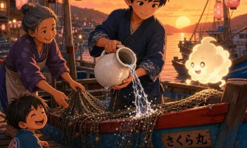 Haru, un chico de unos 14 años de rostro dulce y pelo negro corto, con expresión sincera y serena, vierte agua clara desde una jarra de cerámica blanca vidriada que forma gotas luminosas sobre redes de pesca; junto a él, en la proa de un pequeño barco de madera, flota un pequeño kami luminoso como una nube con ojos brillantes tipo luciérnagas que sonríe travieso. En el muelle a la izquierda, una mujer pescadora adulta de unos 40 años, piel bronceada y pelo gris recogido en moño, sonríe y extiende la mano hacia las redes; cerca de las amarras juega un niño pescador de unos 8 años, pelo alborotado y chaqueta azul, riendo. El lugar es un pequeño puerto japonés al crepúsculo con muelles de madera acanalada, barcos pintados de azul y rojo, redes colgadas, faroles de papel rosa en los mástiles y reflejos dorados y salmón en el agua tranquila. La escena principal muestra a Haru bendiciendo las redes con el kami flotando en el bote; luz suave del atardecer, atmósfera cálida y apacible, detalles nítidos como gotas centelleantes, textura craquelada de la cerámica, madera mojada brillante y motivo de sakura en un farol. Estilo visual: 3D cartoon cel-shading, colores saturados pero suaves, contornos definidos y expresiones faciales emotivas, composición centrada en Haru y la jarra.