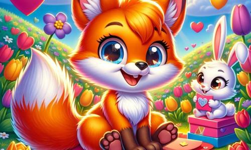 Un piccolo volpe dai brillanti peli arancioni e dalla coda folta, con occhi scintillanti di gioia, è seduto in mezzo a un campo fiorito, circondato da cuori di carta colorati. Sorride ampiamente, tenendo in mano una carta di San Valentino decorata con paillettes, pronto a offrirla ai suoi amici. Vicino, una piccola coniglietta con grandi orecchie e pelo bianco, con uno sguardo meravigliato e un sorriso radioso, ammira le carte. È seduta su un grande fiore, con le zampe incrociate, impaziente di scoprire la sorpresa. Il luogo è un campo vibrante di colori, punteggiato di tulipani e margherite, sotto un cielo blu splendente con alcune nuvole soffici. I raggi di sole illuminano la scena, creando un'atmosfera gioiosa e festosa. La situazione principale mostra il piccolo volpe che prepara carte di San Valentino per i suoi amici, circondato da fiori e cuori, celebrando l'amicizia con entusiasmo e creatività.