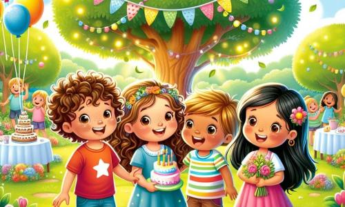 In un parco soleggiato, quattro bambini di cinque anni si trovano insieme, circondati da fiori colorati e palloni fluttuanti. **Luca**, un ragazzo dai capelli ricci e castani, tiene una lettera colorata e guarda i suoi amici con entusiasmo. **Marco**, con i capelli biondi e corti, indossa una maglietta rossa e salta d'eccitazione. **Sara**, una bambina dai capelli lunghi e neri in abito rosa, tiene un mazzo di fiori e ha gli occhi pieni di gioia. **Giulia**, con i capelli castani e una frangia, indossa una gonna blu e sorride mentre tiene una lettera. Il parco è verdeggiante, con un grande albero sullo sfondo, tavoli decorati con dolci e bevande, e famiglie che ridono e si divertono. I bambini sono pronti a offrire le loro lettere magiche alle mamme, circondati da un'atmosfera festosa e gioiosa.
