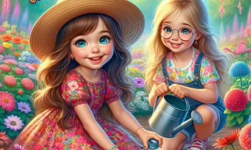 Una ragazza di 8 anni, Sofia, con lunghi capelli castani e occhi pieni di curiosità, sta piantando semi di fiori in un giardino colorato. Indossa un bel vestito a fiori e un cappello di paglia che le conferisce un'aria gioiosa. Il suo viso brilla di eccitazione e felicità mentre si inginocchia nella terra soffice. Accanto a lei, la sua migliore amica Emma, anch'essa di 8 anni, con capelli biondi e occhiali tondi, annaffia delicatamente i semi con un piccolo annaffiatoio. Sorride, piena di entusiasmo, indossando una maglietta colorata e un pantaloncino di jeans. Il giardino è un luogo incantevole, pieno di fiori dai colori vivaci: rossi, gialli, blu e viola, circondato da alberi verdi e un cielo azzurro punteggiato di nuvole bianche e soffici. Farfalle volano intorno a loro, aggiungendo un tocco di magia alla scena. Sofia ed Emma, concentrate e felici, stanno creando un magnifico giardino primaverile, simbolo della gioia e della bellezza della natura che rinasce dopo l'inverno.