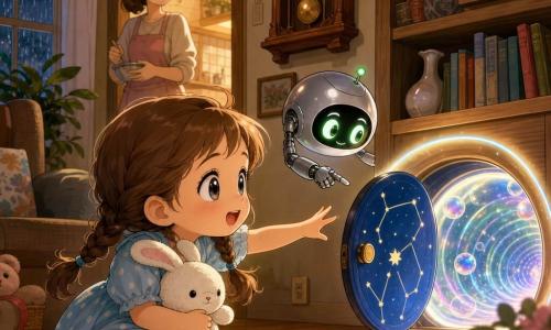 Una bambina di 4 anni, stupita e curiosa, occhi grandi e brillanti, due trecce castane, vestito azzurro a pois, tiene un coniglietto di peluche bianco e porge la mano verso una piccola porta rotonda luminosa vicino a una libreria; un robottino Plico, piccolo e rotondo, metallo argento con occhi verdi luminosi e aria maliziosa ma benevola, fluttua accanto alla porticina indicando un tunnel di bolle scintillanti con un braccio articolato; la mamma (circa 30 anni), con i capelli raccolti e un grembiule rosa, è sullo sfondo in cucina che canta e guarda verso il soggiorno; il salotto è caldo e accogliente con luce soffusa, una grande orologio da parete in legno e pioggia lieve alla finestra; la porticina è un disco blu punteggiato di stelle circondato da un alone chiaro e da un tunnel di bolle che respira come una bolla di sapone, la bambina scopre questa porticina temporale luminosa pronta a entrare mentre Plico la guida e la mamma osserva dalla cucina.