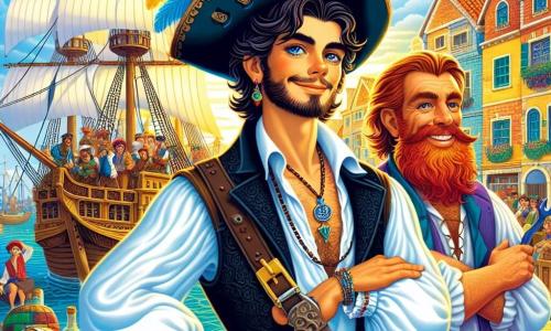 Un uomo, Vasco, si erge orgogliosamente sul ponte della Vela Nera, con un'espressione determinata e occhi brillanti di avventura. Indossa un cappello da pirata decorato con piume colorate, una camicia bianca leggermente sgualcita e un lungo cappotto nero che svolazza nel vento. Al suo fianco, Martino, un uomo robusto di circa 40 anni, con una barba rossa e braccia muscolose, brandisce una chiave inglese, pronto a riparare la nave. Sorride con sicurezza, mostrando grande fiducia. Lo scenario è un porto animato, con vele bianche che si ergono nel cielo blu, case in legno colorate e mercanti che chiamano per vendere le loro merci. Gabbiani volano sopra, aggiungendo vita alla scena. Vasco e Martino stanno pianificando la loro prossima avventura, circondati da casse di tesori scintillanti e mappe antiche, mentre il sole tramonta all'orizzonte, colorando il cielo di tonalità calde e dorate.
