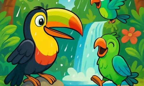 Un tucán alegre y curioso, con un plumaje brillante de amarillo, negro y rojo, está al borde de una cascada reluciente, sus grandes ojos brillando de emoción. Se prepara para zambullirse en el agua fresca, con las alas ligeramente extendidas, listo para divertirse. Junto a él, un loro colorido, con plumas verdes y azules, expresa una alegría contagiosa, riendo y saltando sobre una piedra lisa, mientras un pequeño colibrí de colores vivos vuela alrededor de la cascada, admirando el espectáculo. El lugar es una jungla exuberante, con árboles majestuosos de hojas brillantes, flores tropicales de colores vivos y una cascada de agua cristalina que cae en una piscina natural. La escena principal muestra al grupo de aves disfrutando de un día de aventura bajo la lluvia, descubriendo la belleza de la naturaleza y divirtiéndose juntos, creando recuerdos inolvidables en este rincón mágico del mundo.