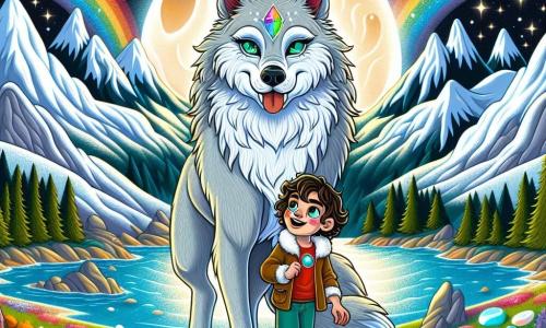 En la cima de una majestuosa montaña, un hombre lobo llamado Lyra se erige con orgullo. Su pelaje plateado brilla bajo la luz de la luna, y sus ojos esmeralda destilan emoción y sabiduría. Mira con determinación a un niño llamado Leo, de unos 8 años, que está a su lado. Leo tiene el cabello rizado y ojos brillantes, y sonríe con entusiasmo mientras sostiene una gema colorida en su mano. Su entorno es un paisaje encantador, con cumbres nevadas que se alzan contra un cielo estrellado y un arcoíris brillante que emerge de una nube de nieve. Flores mágicas de colores vivos rodean el camino, y un lago cristalino refleja la luz de las estrellas. La escena principal muestra a Leo y Lyra celebrando su victoria tras haber salvado el santuario mágico, rodeados de luz y magia, listos para proteger su mundo fantástico juntos.