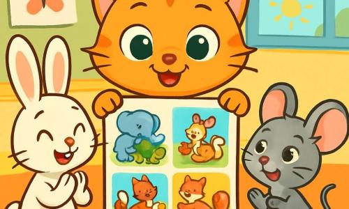 Un piccolo gattino arancione di nome Leo, con grandi occhi verdi brillanti e una dolce pelliccia, si trova al centro dell'immagine, con un'espressione determinata e gioiosa, mentre tiene un grande poster colorato con disegni di animali che si aiutano a vicenda. Alla sua destra, Mia la coniglietta, con il suo pelo bianco e orecchie lunghe e morbide, sorride e applaude, mostrando il suo sostegno a Leo. A sinistra, Tom il topolino, con un corpo grigio e occhi scintillanti, guarda il poster con ammirazione, con un sorriso caloroso sul volto. Sullo sfondo si vede un'aula luminosa, con muri dipinti di colori vivaci, disegni appesi e finestre che lasciano entrare la luce del sole. La scena principale mostra Leo che presenta il suo poster sulla gentilezza agli altri piccoli animali, tutti riuniti attorno a lui, ad ascoltare attentamente e condividere sorrisi, creando un'atmosfera di amicizia e sostegno.