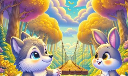 Un pequeño lobo de ojos brillantes y pelaje gris se encuentra al borde de un puente colgante, su rostro radiante de emoción y curiosidad. Mira hacia abajo, maravillado por el río dorado que fluye más abajo, con sus patas ligeramente temblorosas de anticipación. A su lado, un adorable conejo de grandes orejas moradas y pelaje suave, con una sonrisa alentadora, le hace señas para cruzar, sus ojos brillando de amistad y entusiasmo. El escenario es un magnífico bosque encantado, donde los árboles de hojas doradas brillan bajo el sol y flores coloridas cubren el suelo, creando una atmósfera mágica. El cielo es de un azul brillante, salpicado de nubes esponjosas que parecen bailar al viento. La situación principal muestra al pequeño lobo dudoso pero decidido a cruzar el puente, listo para vivir una nueva aventura en el misterioso mundo del Bosque de los Sueños.