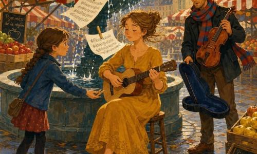A singer-musician with a serene, focused face, light brown hair in a loose bun, soft eyes, wearing a light mustard dress, seated on a small stool by a fountain holding a small light wooden guitar and clipping wooden clothespins to sheet music that floats. A serious girl of about 10, brown hair in a braid, attentive expression, reaching to return a dropped clothespin, standing in the foreground to the left of the fountain. An adult violinist in his thirties with a red-and-blue striped scarf, surprised and curious, holding an open violin case, standing a few steps to the right of the singer, ready to join. Market square with wet cobbles, red-and-white striped stall awnings, crates of red and yellow apples, a large fountain basin with white-splash highlights, fabric veils blowing in the wind. Main scene: a windy morning with fluttering sheet music and clicking wooden pins, the singer adjusting her sheets and playing a gentle melody while the girl hands back a pin and the violinist listens, warm harmonious atmosphere with warm colors and visible gouache textures.