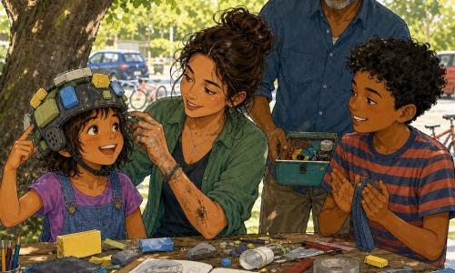 Female inventor, about 30–35, brown hair in a messy bun, focused smiling expression, hands with small traces of glue and pencil, adjusting a homemade headset on a picnic table; Junie, ~7, short tousled hair, surprised joyful expression, wearing the headset and pointing at new foam pads, to the woman's left; Tom, ~9, striped t-shirt, mischievous smile, handing a fabric strip and clapping softly, standing to the woman's right; Mr. Dax, ~50, short gray beard, round glasses, calm attentive posture, holding an open small toolbox on the table behind her; Setting: daytime rest area, wooden table under a large leafy tree casting dappled shadows, cars and bikes blurred in the background, cushions, foam scraps, tape and sketches scattered on the table; Main situation: a friendly DIY test session—she adjusts foam inserts in the headset, the children watch delightedly, warm afternoon light, atmosphere of teamwork, experimentation and creative fun.