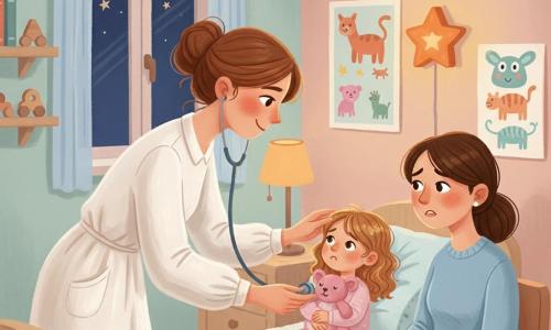 O doctoriță de circa 35 de ani, zâmbitoare, păr castaniu prins în coc lejer, în halat alb din bumbac și cu stetoscop argintiu, apleacă capul și pune stetoscopul pe pieptul unei fetițe de 5–6 ani cu ochi curioși și păr ondulat, care ține o păpușă roz și stă pe un pat cu o cuvertură bleu; mama, de 30–35 de ani, îngrijorată dar ușurată, stă pe scaun cu mâinile pe cuvertură privind recunoscătoare, iar camera pediatriei, mică și caldă, are pereți pastel, postere cu animale, o veioză portocalie în formă de stea, raft cu jucării din lemn și o fereastră spre cerul înstelat; scena principală e un examen tandru la amurg, lumină caldă, doctorița ascultând inima fetiței și aranjându-i perna cu gesturi blânde și precise.