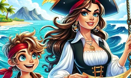 A cena representa a Capitã Anabela, uma mulher pirata de olhar determinado, com longos cabelos castanhos ao vento e um chapéu de pirata adornado com penas coloridas. Ela está orgulhosamente em pé no convés do seu barco, com um sorriso de empolgação no rosto, segurando um mapa do tesouro em uma mão e apontando para o horizonte com a outra. Ao seu lado, um garoto de 10 anos, chamado Tom, com cabelos loiros bagunçados e olhos brilhantes, observa o mapa com admiração, sonhando com aventuras. Ele usa um colete de pirata e um bandana vermelha, e se mantém um pouco para trás, pronto para seguir Anabela em suas peripécias. Ao fundo, o céu é de um azul radiante, salpicado de nuvens brancas, enquanto ondas cintilantes batem na borda do barco. Uma ilha misteriosa aparece no horizonte, com palmeiras e montanhas verdes, prometendo tesouros escondidos. A situação principal mostra Anabela e Tom, cheios de entusiasmo, prontos para navegar em direção à famosa ilha do tesouro, com a promessa de aventuras emocionantes e descobertas incríveis que os aguardam.