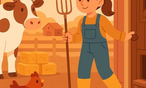 Mara, agricultoare zâmbitoare, cu față rotundă și păr brun prins în coadă, poartă cizme galbene din cauciuc și salopetă din denim, ține o furcă de paie și deschide ușa cotețului; vaca Dalia, mare, pătată alb și maro, cu privire blândă, stă la stânga lângă prag; o găină roșcată ciugulește solul; fundal: fermă dimineața cu sol bătut, șopron roșu mic, garduri din lemn deschis, baloți de paie și un coș cu ouă albe pe o ladă; scenă la răsărit, lumină caldă portocalie, atmosferă pașnică, culori vii și contururi clare.