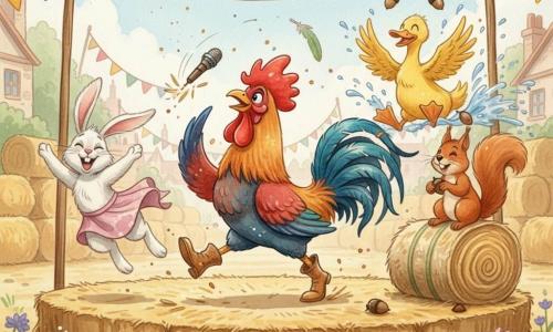 A joyful, slightly clumsy rooster with iridescent red, orange and blue feathers, tall comb and sparkling eyes struts proudly on a village stage of stacked hay bales, dropping a wooden microphone; to his left a white rabbit with long ears and a bright smile performs a big binky jump with ears and skirt in motion; to his right a mischievous red squirrel juggles acorns atop a haystack, facing the audience; in the background a clumsy yellow duck splashes from a small pond with wings spread and ruffled feathers; colorful fabric garlands, wildflowers in the foreground and a banner reading "Great Featherfield Talent Show" complete the sunny, comic moment of exaggerated movements, flying feathers, water droplets and shared laughter.