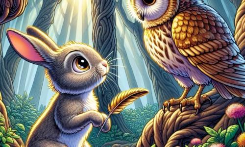 In a dense and mysterious forest, a small rabbit named Thistle, with bright eyes and soft, silky fur, stands on his hind legs, looking curious and determined, holding a bird feather in his tiny paws. Beside him, a wise owl with golden feathers perches on a branch, watching him with a kind gaze, its round, deep eyes reflecting wisdom, seemingly ready to share advice. The setting is filled with majestic trees with gnarled trunks, sun rays filtering through the foliage, and colorful flowers scattered on the ground, creating an enchanted atmosphere. Thistle, in search of truth, listens attentively to the owl's words, trying to understand the meaning of his journey through the forest.