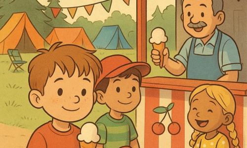 Ein etwa sechsjähriger Junge, schüchtern und stolz, rundes Gesicht mit Sommersprossen, zerzauste hellbraune Haare, funkelnde Augen, hält ein Eiswaffel mit kleinem Tropfen und lächelt leicht in der Warteschlange; hinter ihm steht Leo, fröhlich mit roter Kappe, grün gestreiftem T‑Shirt und braunen kurzen Haaren, die Hand auf einem Spielzeugauto, im Blick verbunden; Lotte, etwa fünf, lachend in gelbem gepunktetem Kleid mit zwei blonden Zöpfen, sitzt auf einer Bank mit einem bemalten Sandkübel und beobachtet die Jungen; der Verkäufer, erwachsener Mann mit dünnem Schnurrbart, blauem Schurz und hellgrauen Haaren, lächelt hinter einem rot‑weiß gestrichenen Holzstand und reicht ein Eis; Ort: grasiger Campingweg mit bunten Zelten, Wimpelketten, Kiefern, Klappstühlen und einem holznen Eisdielenstand mit aufgemalten Kirschen an einem warmen, goldenen Sommernachmittag.