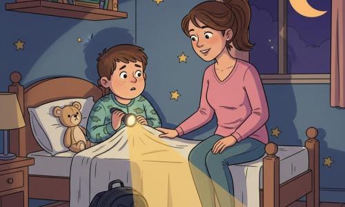 Un niño de 10 años, Tomás, rostro redondo con pecas, pelo castaño corto, expresión a la vez preocupada y curiosa, sosteniendo una linterna pequeña que ilumina su cara desde abajo, en pijama con estampado de dinosaurios y arropado con una manta clara; una mujer adulta (madre, unos 35 años) con cabello castaño en coleta, sonrisa tranquilizadora y mano sobre la manta, sentada al borde de la cama a la derecha del niño mirando la linterna; una mochila oscura en el suelo cuya sombra en la pared parece un “monstruo” pero la luz revela la cremallera y los bolsillos; un pequeño peluche oso beige en la almohada a la izquierda, orejas algo aplastadas; habitación pequeña y acogedora con paredes azul noche con estrellas pintadas, estantería de madera con libros de colores, alfombra suave con nubes, ventana con cielo nocturno y luna anaranjada, lámpara de noche apagada; la linterna crea un cono dorado que realza el rostro curioso del niño y revela que las sombras monstruosas son objetos cotidianos, ambiente de contrastes entre sombras profundas y destellos cálidos, tono reconfortante y suave.