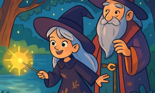Luna, a 12-year-old witch, stands by an enchanted lake, her eyes shining with excitement and determination. She has long silver hair flowing gently in the wind and wears a witch's dress adorned with golden leaf patterns, holding a sparkling wand in her hand. Beside her, Thaddeus, an elderly wizard around 60, with a long gray beard and colorful robes, watches proudly. He is slightly hunched, murmuring incantations, his eyes sparkling with wisdom and kindness. The enchanted lake is surrounded by majestic trees with luminescent leaves, and a light mist dances on the water's surface, creating a mystical atmosphere. Bright flowers and fireflies illuminate the landscape, adding a touch of magic to the scene. Luna prepares to cast her first spell, focused and full of energy, as bursts of light emanate from her wand, bathing the lake in a golden glow.