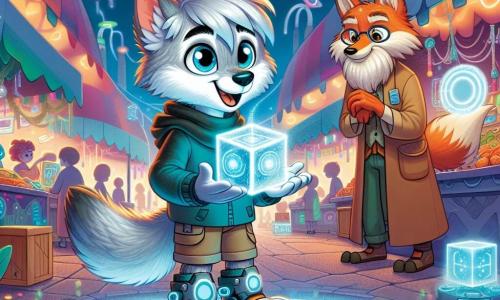 In the center of the image, a young wolf named Zephyr, with shimmering silver fur like the moon, stands on his hoverboard, his eyes sparkling with excitement and curiosity. He has a wide smile, holding a glowing holographic cube in his front paws, ready to uncover the secrets of the city. To his right, a wise old fox with red fur and round glasses watches Zephyr with a benevolent smile, his fluffy tail wrapped around him. He stands behind a mysterious stall, surrounded by silver fabrics, seeming proud to share his knowledge. The setting is the bustling market of Innovara, where colorful stalls overflow with futuristic inventions. Floating cars pass overhead, and singing technological flowers create a vibrant and magical atmosphere. The main scene shows Zephyr, amazed, discovering the holographic cube that reveals a glowing map of the city, while the fox encourages him to explore the hidden secrets of Lumina.