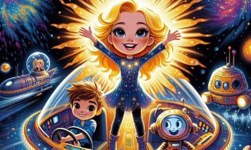 Luna, uma mulher de cabelos dourados como o sol e olhos brilhantes, está dentro de sua magnífica Nave Estelar Luminosa, uma espaçonave colorida com luzes cintilantes. Ela exibe uma expressão de alegria e excitação, com os braços levantados em sinal de triunfo enquanto pilota a nave entre as estrelas. Ao seu lado, Max, um garoto corajoso de cerca de 10 anos, com cabelos castanhos bagunçados e um sorriso determinado, está sentado no assento do copiloto, pronto para ajudar. Tico, um pequeno robô divertido com corpo metálico brilhante e olhos redondos, flutua perto de Luna, rindo e fazendo caretas para animar a atmosfera. A cena se passa na imensidão do cosmos, onde estrelas cintilantes iluminam um fundo negro profundo e nebulosas coloridas giram ao redor, criando um espetáculo encantador. Eles navegam juntos através de uma tempestade de asteroides, com rochas espaciais flutuando ao redor, enquanto trabalham em equipe para pilotar a nave e superar esse desafio emocionante.