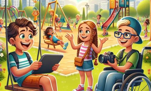 Max ist ein 10-jähriger Junge mit lockigem Haar und einem breiten Lächeln, der auf einer Schaukel sitzt und ein Tablet in den Händen hält, vertieft in sein Spiel. Neben ihm steht Mia, ein 9-jähriges Mädchen mit langen, geflochtenen braunen Haaren und bunten Brillen, die begeistert gestikuliert und vorschlägt, draußen zu spielen. Leo, ein 10-jähriger Junge im Rollstuhl mit kurzen Haaren und Brille, sitzt auf einem Stuhl in der Nähe und hält eine Kamera, lächelnd und bereit, ihr Abenteuer zu filmen. Der Ort ist ein wunderschöner sonniger Park, voller bunter Blumen und majestätischer Bäume, mit einer großen Rutsche und Schaukeln, während andere Kinder in der Ferne spielen und lachen. Die Hauptsituation zeigt die drei Freunde, die fröhlich über ihr Videoprojekt diskutieren und dabei das schöne Wetter und die Energie des Parks genießen, was das Gleichgewicht zwischen Bildschirmzeit und dem Vergnügen, draußen zu spielen, verdeutlicht.