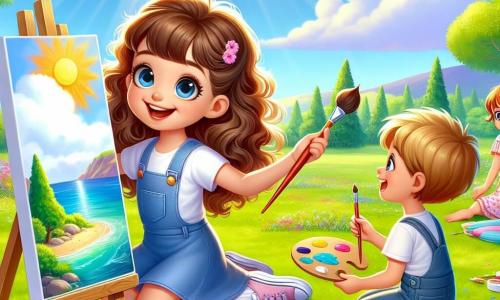 Una bambina di 7 anni, Sofia, con bellissimi capelli ricci castano chiaro e un grande sorriso gioioso, è seduta sull'erba verde di un parco soleggiato, tenendo un pennello colorato in una mano e una tavolozza di colori nell'altra. È concentrata e piena di entusiasmo mentre dipinge un paesaggio marino su una tela bianca davanti a lei. Accanto a lei, Giulia, una ragazza di 7 anni con capelli lunghi e lisci, castani e raccolti in una coda di cavallo, osserva con ammirazione il dipinto di Sofia, tenendo un pennello e sorridendo con eccitazione. Un po' più lontano, Tommaso, un ragazzo di 7 anni con capelli corti e biondi, si china per raccogliere fiori selvatici da usare per decorare il loro spazio di lavoro. Il luogo è un parco verdeggiante, pieno di fiori colorati, alberi maestosi e un cielo blu splendente. Il sole brilla, creando un'atmosfera gioiosa e luminosa, mentre una leggera brezza fa danzare le foglie degli alberi. La scena principale mostra Sofia e i suoi amici mentre creano insieme un'opera d'arte, circondati dalla bellezza della natura, condividendo risate e momenti di complicità, illustrando lo spirito di amicizia e creatività delle loro vacanze estive.