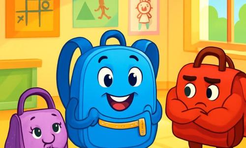 Daisy, a bright blue backpack with sturdy straps and a zipper-shaped smile, stands at the center, radiating joy and determination. Her eyes sparkle with excitement as she suggests an inclusive game to her friends. Next to her, Milly, a small purple handbag with shimmering sequins, smiles supportively, ready to join in. A bit further away, Tommy, a muscular red sports bag, watches with surprise and admiration, realizing the importance of inclusivity. The scene takes place in a bright classroom filled with vibrant colors, with game posters and children's drawings on the walls. Sunlight streams through the windows, illuminating the joyful group. Daisy proposes a fun game where every bag, big or small, can participate, creating an atmosphere of camaraderie and joy as all the bags gather around her, ready to play together.