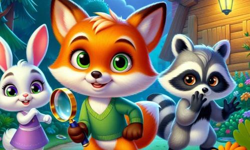 Un pequeño zorro rojo, Nico, con grandes ojos brillantes y una sonrisa traviesa, sostiene una lupa en su pata delantera, observando el suelo con una intensa curiosidad. A su lado, Lila, una adorable coneja blanca con grandes orejas y pelaje sedoso, mira a su alrededor con una expresión preocupada, sus ojos redondos llenos de angustia. Max, un mapache de pelaje gris y negro, se mantiene un poco atrás, con los brazos cruzados y una expresión decidida, listo para resolver el misterio. La escena tiene lugar en el patio de una escuela en plena naturaleza, rodeada de árboles verdes, flores coloridas y una gran cabaña de madera. Al fondo, se ve un cielo estrellado, añadiendo un toque de magia a la noche. Los tres amigos están buscando pistas para encontrar la gran campana dorada desaparecida, examinando el suelo con atención, mientras sombras bailan a su alrededor, creando una atmósfera de aventura y misterio.
