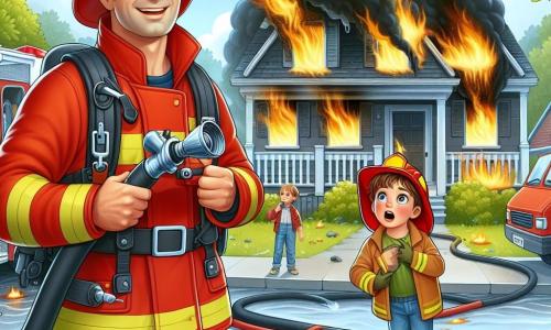 Un valiente bombero, un hombre de unos 35 años, con un uniforme rojo brillante y un casco reluciente, se encuentra en el centro de la imagen. Su rostro refleja determinación y entusiasmo, sus ojos brillan de emoción mientras sostiene una gran manguera de incendios, listo para apagar las llamas. A su lado, un niño de 8 años llamado Lucas, con cabello castaño desordenado y un pequeño casco de bombero, lo mira con admiración, los ojos abiertos, sosteniendo una pequeña manguera de plástico. La escena tiene lugar frente a una casa en llamas, con humo negro elevándose en el cielo azul. Las llamas rodean las ventanas, mientras que vecinos curiosos observan desde lejos, preocupados pero fascinados. El suelo está cubierto de escombros y árboles verdes bordean la calle, creando un fuerte contraste con el caos del fuego. La situación principal muestra al bombero en acción, listo para salvar a un niño atrapado dentro de la casa en llamas, mientras que Lucas, inspirado, se imagina ya como un héroe, listo para ayudar.