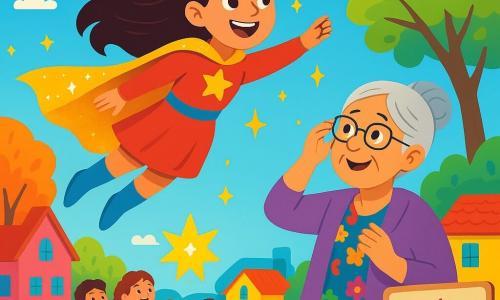 Uma super-heroína, Estrelinha, está no centro da imagem. Ela é uma jovem com cabelos longos e brilhantes, vestindo uma capa dourada cintilante que brilha ao sol. Seu rosto irradia alegria e determinação, com um grande sorriso e olhos brilhantes. Ela está voando no ar, cercada por pequenas estrelas luminosas. Ao seu lado, a senhora Rosa, uma mulher idosa de cerca de 70 anos, procura seus óculos. Ela tem cabelos grisalhos e usa um vestido colorido com um xale, olhando para Estrelinha com admiração e um sorriso de gratidão. Mais adiante, um grupo de crianças alegres corre em direção ao parque, guiado por balizas luminosas que a super-heroína colocou. O cenário é uma cidade encantada, Brilhópolis, com casas de cores vibrantes, árvores com folhas multicoloridas e um céu azul radiante. Flores de tons vibrantes adornam as ruas de paralelepípedos, e pássaros cantam nos galhos. A situação principal mostra Estrelinha espalhando balizas mágicas para ajudar os habitantes a encontrar seu caminho, iluminando a cidade com raios de luz alegre.