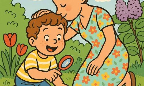 Bambino di 4 anni, sorridente e meravigliato, in ginocchio a osservare formiche; capelli castani ricci, guance rotonde e lentiggini, maglietta gialla a righe bianche e pantaloncini blu. La mamma (circa 30–35 anni), tenera, in piedi accanto a lui mentre lo bacia sulla testa; vestito leggero a fiori e capelli castani raccolti in chignon. Il bambino tiene in mano destra una piccola lente d'ingrandimento rossa e indica una fila di formiche nere su un rametto. Giardino primaverile lussureggiante con prato verde, tulipani rossi, margherite bianche, un cespuglio di lilla viola e cielo azzurro pallido con qualche nuvola soffice. Luce mattutina morbida, colori vivaci e contrastati, contorni netti, stile fumetto caldo e semplice con espressioni esagerate e adatte ai bambini.