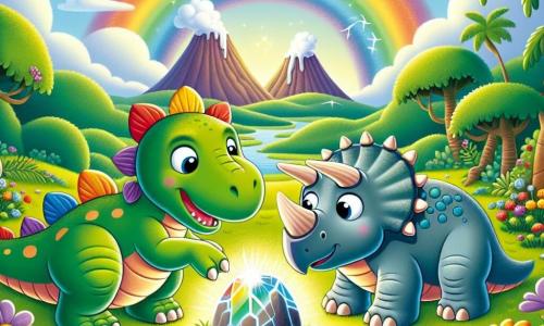 Un stegosauro di nome Stego, con la sua pelle verde e le placche dorsali colorate, mostra un'espressione meravigliata mentre scopre una pietra brillante in un campo fiorito. Accanto a lui, un triceratopo di nome Tricera, con le sue tre corna e il corpo robusto, guarda la pietra con curiosità, gli occhi spalancati. Il paesaggio è una valle verdeggiante, circondata da vulcani fumanti, con fiori colorati e alberi maestosi che danzano sotto la brezza. Stego tocca la pietra magica e un arcobaleno splendente appare nel cielo, illuminando la scena con una luce gioiosa e magica.