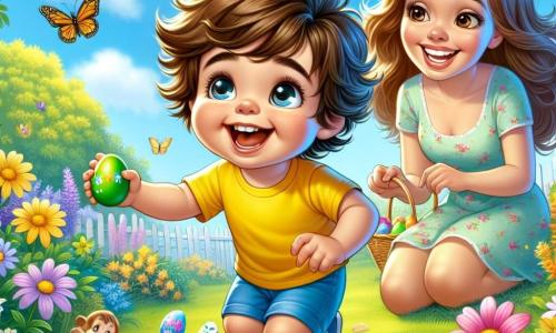 Un niño de 2 años, Lucas, con cabello castaño desordenado y ojos brillantes de alegría, salta de felicidad en un jardín colorido, sosteniendo un huevo de Pascua verde en sus pequeñas manos. Lleva una camiseta amarilla y un short azul, y su sonrisa radiante muestra su emoción. A su lado, su mamá, una mujer de unos treinta años con cabello largo castaño y una sonrisa cálida, se agacha para animarlo. Ella lleva un vestido ligero con flores y mira a Lucas con orgullo, sosteniendo una cesta llena de huevos coloridos. El jardín es un verdadero cuadro primaveral, con flores brillantes de todos los colores, árboles en flor y un cielo azul claro. Mariposas revolotean alrededor, añadiendo un toque mágico a la escena. La situación principal muestra a Lucas descubriendo un huevo dorado brillante escondido entre las flores, sus ojos iluminándose de sorpresa y alegría, mientras que el dulce conejito de Pascua, un pequeño conejo con grandes orejas blancas, aparece a su lado, sonriendo y listo para compartir su secreto mágico.