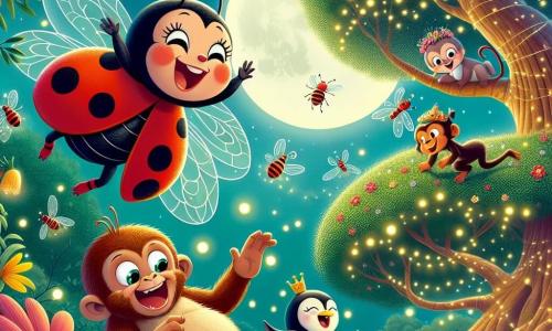 Una coccinella gioiosa di nome Lulù, con un dorso rosso vivo punteggiato da sette piccoli punti neri, vola con entusiasmo sopra un grande albero maestoso, le sue antenne tremolanti di eccitazione. Accanto a lei, una scimmia vivace di nome Carla, con pelliccia marrone e occhi scintillanti, si arrampica agilmente su un ramo, ridendo mentre osserva Lulù. Sotto, un pinguino di nome Pino, con la pancia bianca e il dorso nero, scivola sul terreno cercando di afferrare un pallone colorato, con un'espressione comica di sorpresa. Il luogo è una radura incantata, illuminata dalla dolce luce della luna, circondata da fiori brillanti e lucciole danzanti nell'aria. La scena principale mostra Lulù e i suoi amici in festa notturna, ridendo e ballando attorno a una grande ciambella, con colori vivaci e un'atmosfera gioiosa che evoca amicizia e avventura.