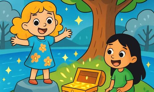 Hay 2 personajes principales: Clara, una niña de 8 años con cabello dorado rizado, vestida con un vestido azul con flores, de pie sobre una piedra brillante, maravillada por la belleza de la isla; y Lili, una niña de 7 años con cabello negro liso, vestida con una túnica verde, sentada en otra piedra, sonriendo y mirando a Clara con ojos llenos de alegría. La escena se desarrolla en una isla mágica en el centro de un lago brillante, con agua de un azul radiante y estrellas flotando en la superficie. Árboles con hojas plateadas rodean el claro, y un gran árbol majestuoso se alza en el centro. La historia muestra a Clara y Lili descubriendo un cofre misterioso bajo el árbol, llenas de asombro y curiosidad, listas para abrir el cofre que brilla bajo la luz de las estrellas.