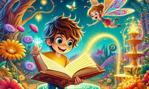 Un niño de 8 años, Lucas, con cabello castaño desordenado y ojos llenos de curiosidad, se encuentra en el centro de la imagen, sosteniendo un gran libro antiguo con páginas brillantes. Su rostro expresa asombro y determinación mientras descubre la magia que lo rodea. A su lado, Lila, una pequeña hada con alas de mariposa coloridas, flota en el aire, sonriente y llena de energía, lista para ayudarlo en su búsqueda. El escenario es un jardín mágico, lleno de flores brillantes de colores vivos, grandes árboles con troncos torcidos y una fuente centelleante en el centro, donde el agua dorada brota en salpicaduras brillantes. Luciérnagas bailan a su alrededor, añadiendo un toque de magia a la atmósfera. La situación principal muestra a Lucas abriendo el libro de conjuros, una luz brillante emana de las páginas, mientras Lila lo anima con entusiasmo. Juntos, se preparan para enfrentar un desafío mágico en este mundo fantástico.