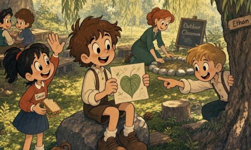A 10-year-old boy with a round freckled face and tousled chestnut hair, relieved serene expression and bright eyes, sits on a large stone under a willow holding a drawing of a heart-shaped leaf; a 9-year-old girl (Sarah) with a black ponytail and friendly smile stands beside him with a sandwich, waving; a 10-year-old boy (Ethan) with short blond hair leans from a nearby tree trunk, curious and pointing at the drawing; the teacher, a woman of about 28 with red hair tied and wearing a green dress, kneels in the background near a circle of stones in a gentle, welcoming posture; setting is an outdoor classroom under large oaks and willows with a green moss carpet, log seats and wooden slabs, golden sunbeams through leaves, small ferns and scattered pinecones; main moment: calm after a break—the boy returns from the “calm corner” and proudly shows his leaf drawing while the children smile around him, peaceful warm atmosphere with soft colors and retro grainy textures.