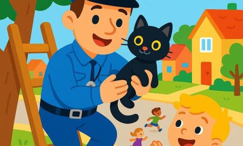 Een glimlachende politieagent, een man van ongeveer dertig jaar in een felblauw uniform, met een politiehoed en een fluit om zijn nek, komt van een ladder af terwijl hij voorzichtig een kleine zwarte kat met glanzende ogen vasthoudt. Hij heeft een blije en trotse uitdrukking op zijn gezicht. Naast hem staat een 5-jarig jongetje met blond haar en een rood T-shirt, dat verwonderd kijkt en met zijn armen omhoog applaudisseert. Op de achtergrond is een zonnige straat met kleurrijke huizen, groene bomen en spelende kinderen. De scène toont het moment waarop de politieagent de kat helpt om uit de boom te komen, omringd door gelach en vreugde.