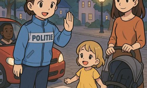 Een glimlachende, rustige politieagente met kort bruin haar, lichtblauw jack met "POLITIE" en ronde pet heft haar rechterhand op om auto's te stoppen; bij het zebrapad staat een 2-jarig blond meisje in een gele jurk dat glimlachend de hand van haar moeder vasthoudt, de moeder met kastanjebruin haar en een grijze kinderwagen kijkt naar de agente; een rode auto met zichtbare kalme bestuurder stopt voor het zebrapad, verlichting uit; de scène speelt zich af op een stenen buurtplein bij schemering met ronde lantaarns, groene bomen en lage pastelkleurige huizen; de agente beschermt de voetgangers met duidelijke gebaren en een geruststellende blik terwijl mensen langzaam en veilig oversteken.