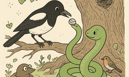 Un serpente verde chiamato Serpì, corpo liscio e sinuoso, occhi rotondi e dolci, timido con un piccolo sorriso e la testa leggermente retratta, corpo a spirale vicino alle radici del castagno; una gazza bianca e nera, Pica, su un ramo basso offre con cautela nel becco un sassolino striato, Stellina, testa inclinata e ali semiaperte; sullo sfondo un vecchio castagno massiccio con corteccia rugosa, grandi radici e un nido, foglie a cuore e piccole campanule a terra; altri animali discreti: una talpa curiosa con occhiali tondi che spunta da un monticello, un pettirosso su una radice e alcune lucciole come puntini luminosi; scena di consegna di un oggetto prezioso, gesto tenero e pacifico, atmosfera calma, linee chiare, texture dettagliate e leggere ombreggiature per profondità.
