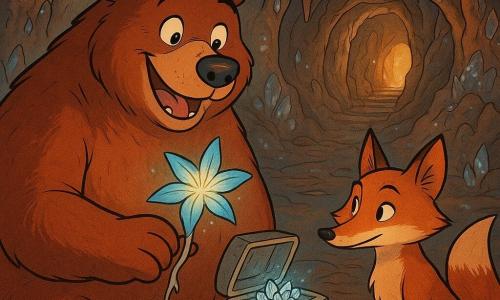Bramble, a large brown bear with thick reddish fur, smiles with bright, wonder-filled eyes while delicately holding a glowing starroot root that emits a soft bluish-golden light; Juniper, a slender copper-red fox with a bushy tail, crouches beside him with a mischievous yet moved expression, nudging a small open stone box set on a carved mushroom-shaped pedestal with an acorn-shaped recess; inside, crystalline seeds sparkle like tiny diamonds. The laughing cave surrounds them with rounded walls studded with sparkling crystals, delicate stalactites and small reflective puddles, light creating dancing reflections. Atmosphere: soft chiaroscuro, warm earth and wood tones mixed with the cool glow of the root, magical and comforting. Composition: close-up centered on Bramble and the box, Juniper slightly to the right, visual echoes to the background revealing a secret staircase and a luminous cave exit. Graphic style: clean lines and expressive characters, saturated yet harmonious colors, visible textures of fur, stone and crystal mica.