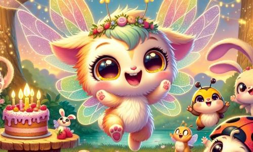 An illustration depicts a small fairy-like creature with sparkling wings and colorful, soft fur. It has large, bright eyes and a radiant smile, expressing immense joy as it dances with friends to celebrate its birthday. Beside it, a little rabbit with fluffy ears and sparkling eyes jumps excitedly, holding a slice of berry cake in its front paws. Nearby, a ladybug with small black spots vibrates with excitement, flapping its wings and laughing, surrounded by dew-drop lanterns. The main setting is an enchanted glade bathed in golden light, where majestic trees with shimmering leaves create a magical backdrop. Wooden tables are adorned with colorful treats, and garlands of flowers and ribbons gently sway in the breeze. The central scene shows the fairy creature and its friends in a birthday celebration, dancing and laughing together under a starry sky, while a shower of sparkling confetti falls around them, creating an atmosphere of magic and joy. Additional graphic elements include decorated berry cakes, glowing lanterns, dancing fireflies, and shining stars illuminating the scene, enhancing the magic of the celebration.