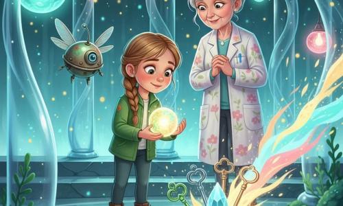 Uma menina de 10 anos, olhos grandes e maravilhados, cabelos castanho-claro em tranças, veste jaqueta verde e segura um orbe luminoso enquanto insere três chaves cintilantes num pedestal de cristal; um pequeno autômato-folha chamado Rufi, redondo com asas finas de fibras vegetais e metal patinado, voa à altura do ombro curioso; atrás dela, a avó de cerca de 60 anos, cabelos prateados apanhados em coque e bata com motivos florais, sorri com as mãos unidas; a cena passa num templo de paredes translúcidas, colunas de vidro ondulado, chão espelhado com padrões em espiral, lâmpadas flutuantes turquesa e rosa e algas bioluminescentes nas escadas, no instante em que as três chaves — uma verde orgânica, uma prateada de silício e uma feita de papéis luminosos — encaixam no núcleo de cristal e ondas de luz multicoloridas com partículas douradas iluminam os rostos.