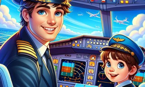 Um piloto de avião, um homem de cerca de trinta anos, sorridente e confiante, veste um uniforme azul-marinho com ombreiras douradas. Seus cabelos castanhos estão ligeiramente desgrenhados pelo vento, e seus olhos brilham de excitação enquanto está no cockpit de um grande avião, cercado por botões coloridos e telas iluminadas. Ao seu lado, um garoto de 10 anos, Tomás, com cabelos castanhos e olhos cintilantes, usa um pequeno boné de piloto e observa maravilhado os comandos, segurando um desenho de avião nas mãos. O cockpit está cheio de luz, com vistas panorâmicas de um céu azul pelas janelas, e nuvens brancas flutuam ao longe. A cena principal mostra o piloto explicando a Tomás como decolar, com uma atmosfera de descoberta e aventura, cheia de alegria e entusiasmo.