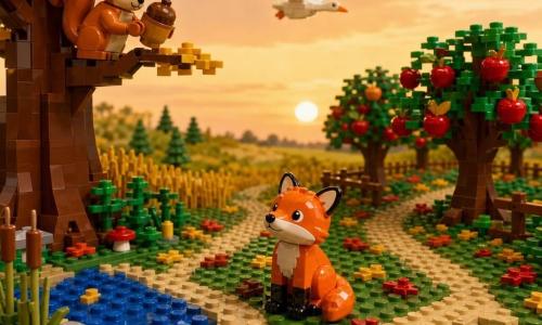 A LEGO fox with bright orange fur and round ears sits on its haunches at a dark-green brick hedge, sniffing the air, while a LEGO squirrel in an oak to the left holds a nut and three white LEGO geese fly low in the background; the autumn brick clearing has scattered red, yellow and brown leaves, apple trees to the right, a small mirror-blue pond with reeds to the left and a tea-colored sky, and the fox hesitates before three short brick paths to the orchard, marsh and meadow under low golden sunlight, creating a cozy, contemplative atmosphere.