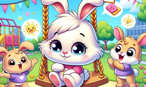 An illustration depicts a small white rabbit with bright eyes and soft fur, sitting on a swing in a schoolyard. It has a determined and brave expression, holding a colorful sign that says 