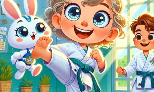 A 4-year-old girl named Emma, with big bright eyes and curly hair, is wearing a white karate uniform. She smiles enthusiastically, lifting a foot to kick, showing her determination and joy. Next to her is a small rabbit named Bounce, with sparkling wings and a little sports hat, happily jumping and encouraging Emma with a big smile. A 7-year-old boy named Max, with brown hair and sparkling eyes, stands a bit further away, confidently demonstrating a karate move. He wears a blue karate uniform and looks at Emma with admiration. The scene takes place in a bright karate studio, with green mats on the floor and walls decorated with medals and posters of karate champions. Sunlight streams through the windows, creating a warm and welcoming atmosphere. Emma, full of energy, trains enthusiastically alongside Bounce, while Max watches, ready to help them. The vibe is joyful and dynamic, filled with camaraderie and laughter.