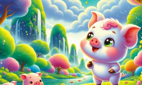 Im Vordergrund steht Schnuffel, ein kleines rosa Schwein mit einem schelmischen Lächeln und neugierigen, funkelnden Augen, auf seinen Hinterbeinen und hält einen kleinen Eimer voller bunter Abfälle, die er gerade aufgesammelt hat. Neben ihm steht Trüffel, ein anderer kleiner, kräftigeres Schwein mit einem entschlossenen Ausdruck, der eine kleine Schaufel trägt und den Fluss mit hoffnungsvollen Augen betrachtet. Im Hintergrund sieht man Pummel, das dritte kleine Schwein, das vor Freude springt, während seine rosa, runden Wangen in der Sonne strahlen und er die Fische bewundert, die wieder im Fluss schwimmen. Die Szene spielt in einer wunderschönen futuristischen Naturlandschaft mit einem funkelnden Fluss, der sich durch ein grünes Tal schlängelt, umgeben von großen Bäumen mit bunten Blättern, die Geheimnisse zu flüstern scheinen. Leuchtende Blumen wachsen am Ufer, und der Himmel ist strahlend blau mit fluffigen Wolken. Die Hauptsituation zeigt die drei kleinen Schweine, die den Fluss reinigen, vereint in ihrer Mission, die Natur zu retten, während die glücklichen Fische beginnen, im klaren Wasser wieder aufzutauchen, was die Rückkehr zum Leben und zur Freude symbolisiert.