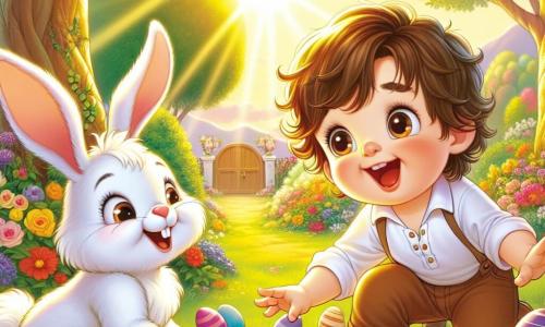 Un niño pequeño de 2 años, llamado Tomás, con cabello castaño desordenado y ojos llenos de curiosidad, está agachado en un jardín soleado, riendo alegremente mientras busca coloridos huevos de Pascua. A su lado, un adorable conejito blanco, con grandes orejas y una nariz rosa, parece invitarlo a seguirlo, saltando felizmente entre las flores coloridas. El jardín está lleno de flores brillantes, arbustos verdes y majestuosos árboles, todo bañado por la luz dorada del sol, creando una atmósfera mágica y alegre. En esta escena, Tomás descubre un mundo maravilloso donde sigue al conejo hacia una puerta de madera misteriosa, lleno de emoción y asombro.