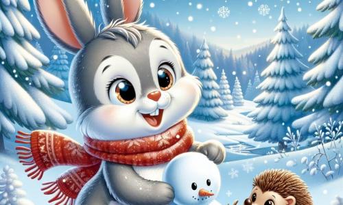 Un pequeño conejo llamado Peluso, con un suave pelaje gris y grandes orejas, salta alegremente en la nieve, sus ojos brillando de curiosidad y emoción. Lleva una bufanda roja que ondea detrás de él, añadiendo un toque de color al invierno blanco. A su lado, su amigo Tico, un erizo de púas marrones y ojos chispeantes, construye un muñeco de nieve, su rostro irradiando felicidad y concentración. El paisaje es un hermoso entorno invernal, con árboles majestuosos cubiertos de nieve brillante, copos de nieve cayendo suavemente del cielo azul claro, y un pequeño arroyo helado que serpentea a través del bosque. La escena irradia magia y alegría, capturando el espíritu festivo del invierno. Peluso y Tico, rodeados por la belleza del paisaje, están en plena aventura, buscando descubrir los secretos del invierno y celebrar su amistad.